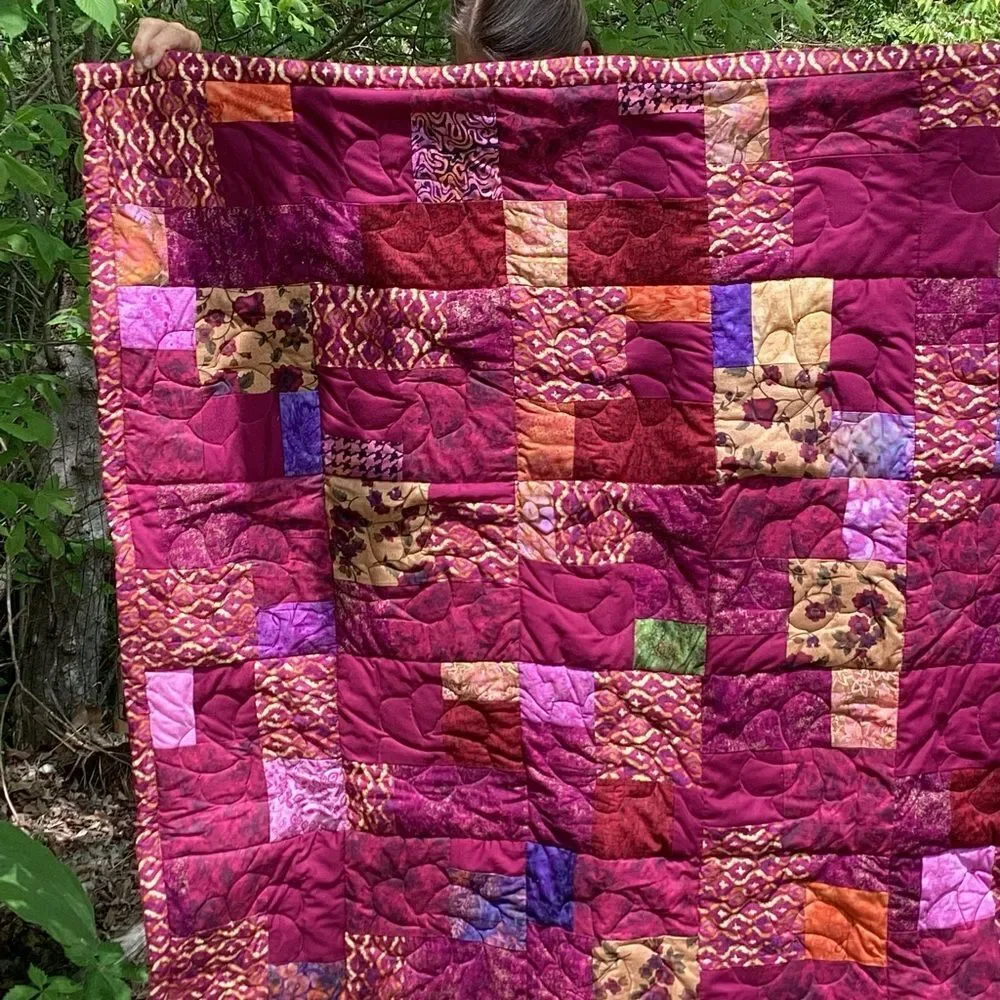 NWT. Hand Crafted Maroon/Wine Mixed Prints Lap Quilt